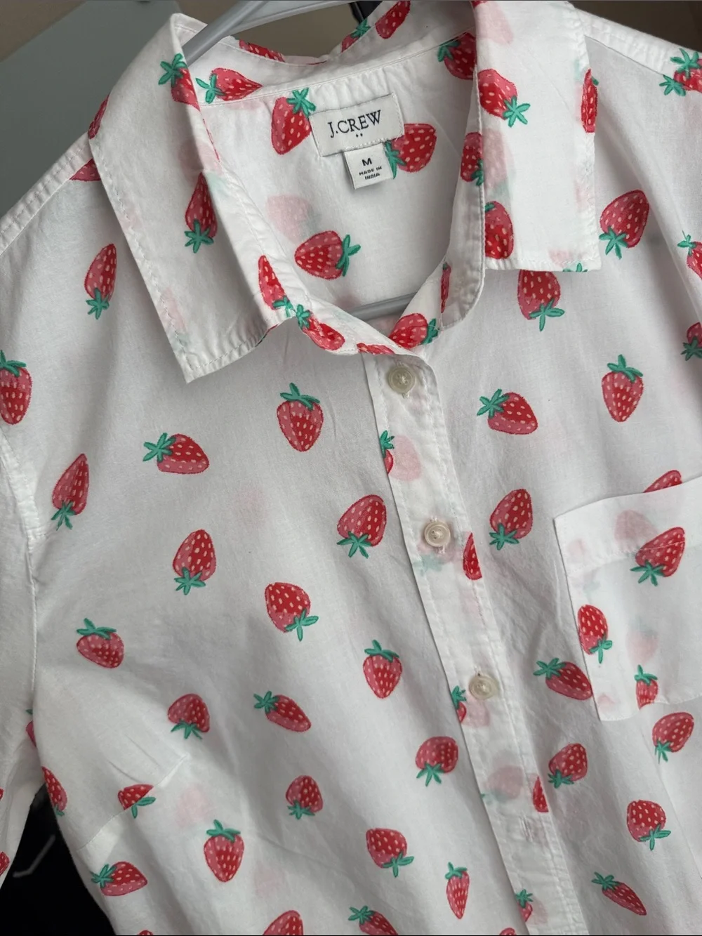 J. Crew White Button-Down Shirt with Red Strawberry Print, slim fit 20 in ptp - Picture 5 of 5